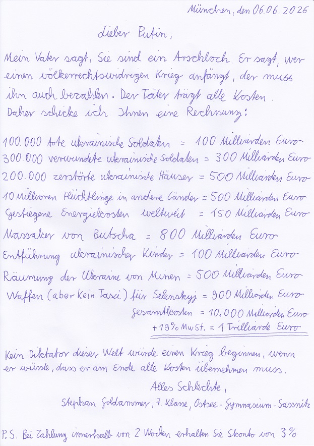 In einem handschriftlichen Brief werden Putin die Kosten des Ukraine-Krieges präsentiert und um Zahlung gebeten.